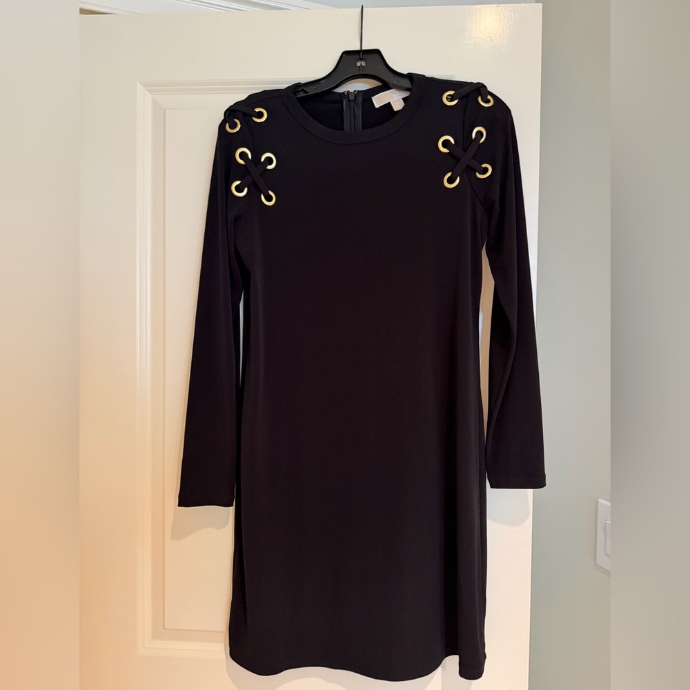 Michael Kors Black Long-Sleeve Dress with Gold Eyelet Detail
